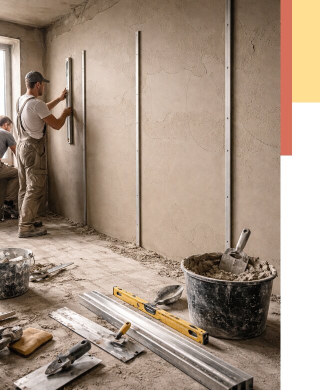 Штукатурка стен по маякам в Каспийске от 5600 руб./м² — выравнивание под ключ | ОТДЕЛОЧНИК-Ксп