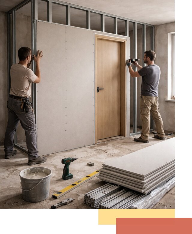 Перегородка из гипсокартона с дверью под ключ в Каспийске