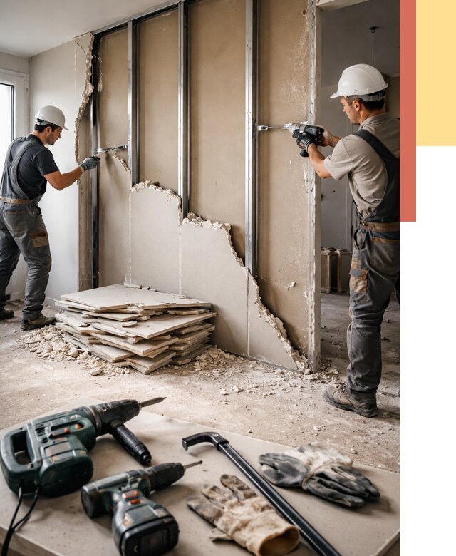 Демонтаж перегородки из гипсокартона в Каспийске от 1222 руб. быстро и недорого | ОТДЕЛОЧНИК-Ксп