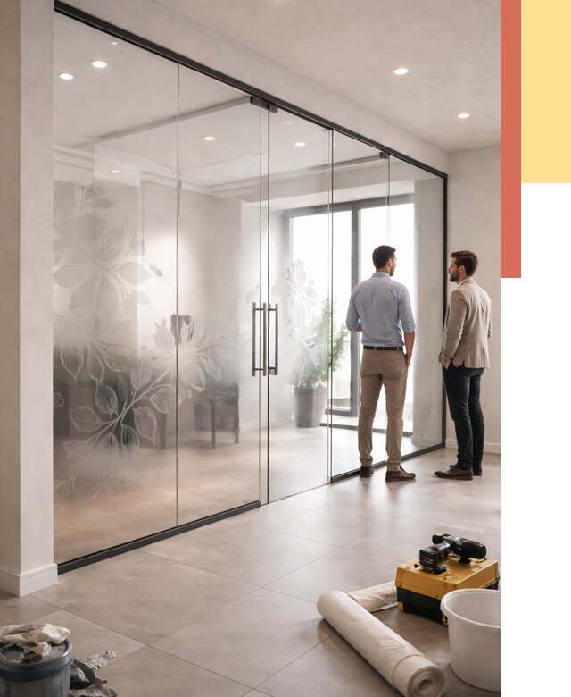 Стеклянные перегородки с рисунком в Каспийске от 12726 руб. монтаж и нанесение | ОТДЕЛОЧНИК-Ксп