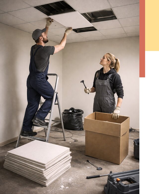 Демонтаж потолочной плитки в Каспийске от 4581 руб. быстро и недорого | ОТДЕЛОЧНИК-Ксп