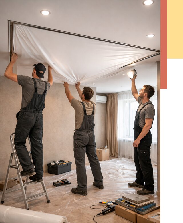 Монтаж ПВХ натяжного потолка в Каспийске от 3563 руб. под ключ | ОТДЕЛОЧНИК-Ксп