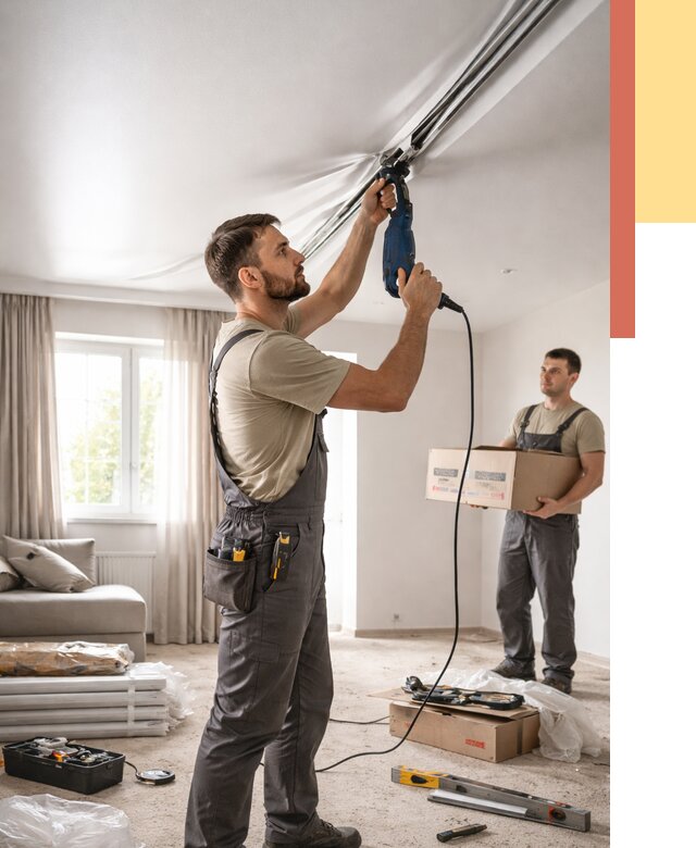 Монтаж сатинового натяжного потолка в Каспийске от 3563 руб. | Быстро, недорого — ОТДЕЛОЧНИК-Ксп