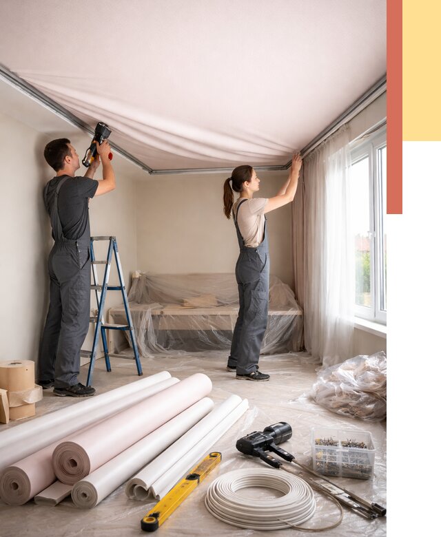 Монтаж цветного натяжного потолка в Каспийске от 4276 руб/м² — быстро и недорого | ОТДЕЛОЧНИК-Ксп