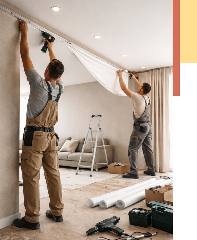 Монтаж натяжного потолка в гостиной в Каспийске от 560 руб. | ОТДЕЛОЧНИК-Ксп