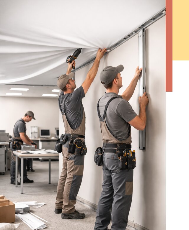 Монтаж натяжного потолка в офисе в Каспийске от 458 руб/м² — быстро и недорого | ОТДЕЛОЧНИК-Ксп