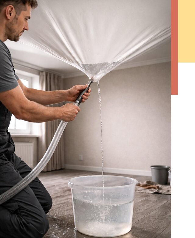 Слив воды с натяжного потолка в Каспийске от 2545 руб. быстро и недорого | ОТДЕЛОЧНИК-Ксп