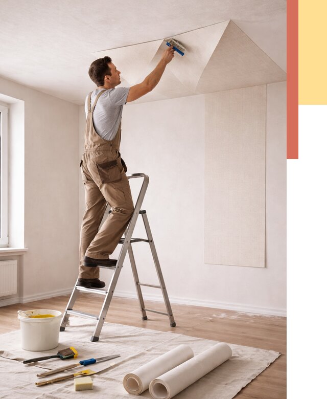 Поклейка обоев на потолок в Каспийске от 4581 руб. быстро и недорого | ОТДЕЛОЧНИК-Ксп